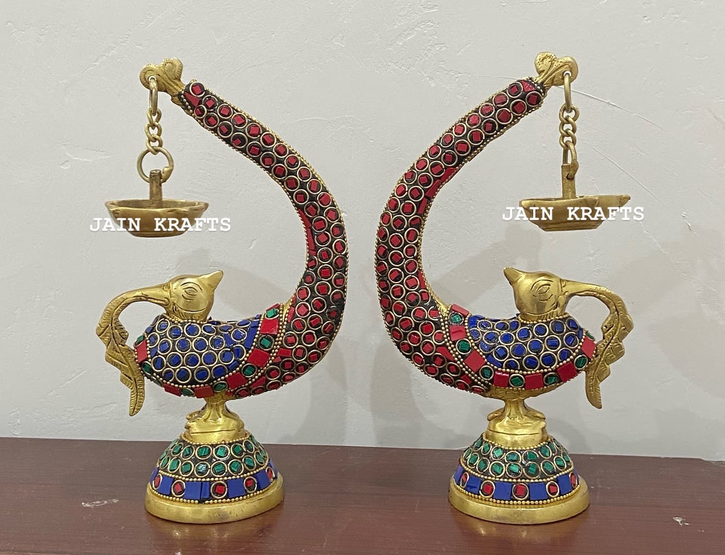 Brass Peacock Bird Diya with Stone Work – Set of 2