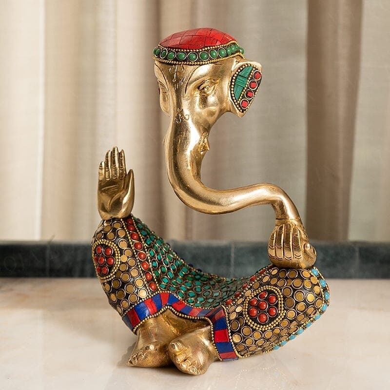Brass Meditating Ganesha Idol with Stone Inlay