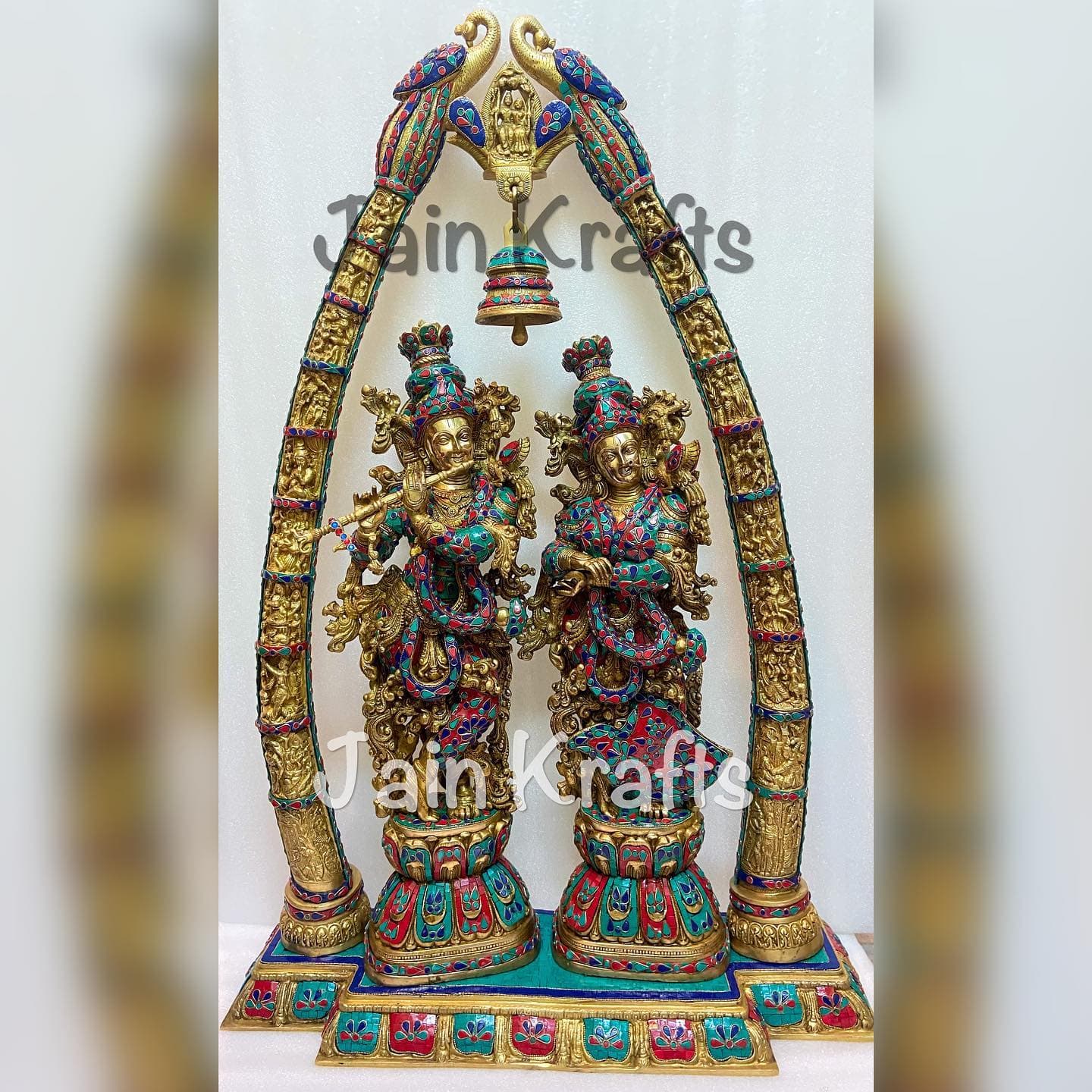 Large Brass Radha Krishna Idol with Decorative Arch & Stone Work