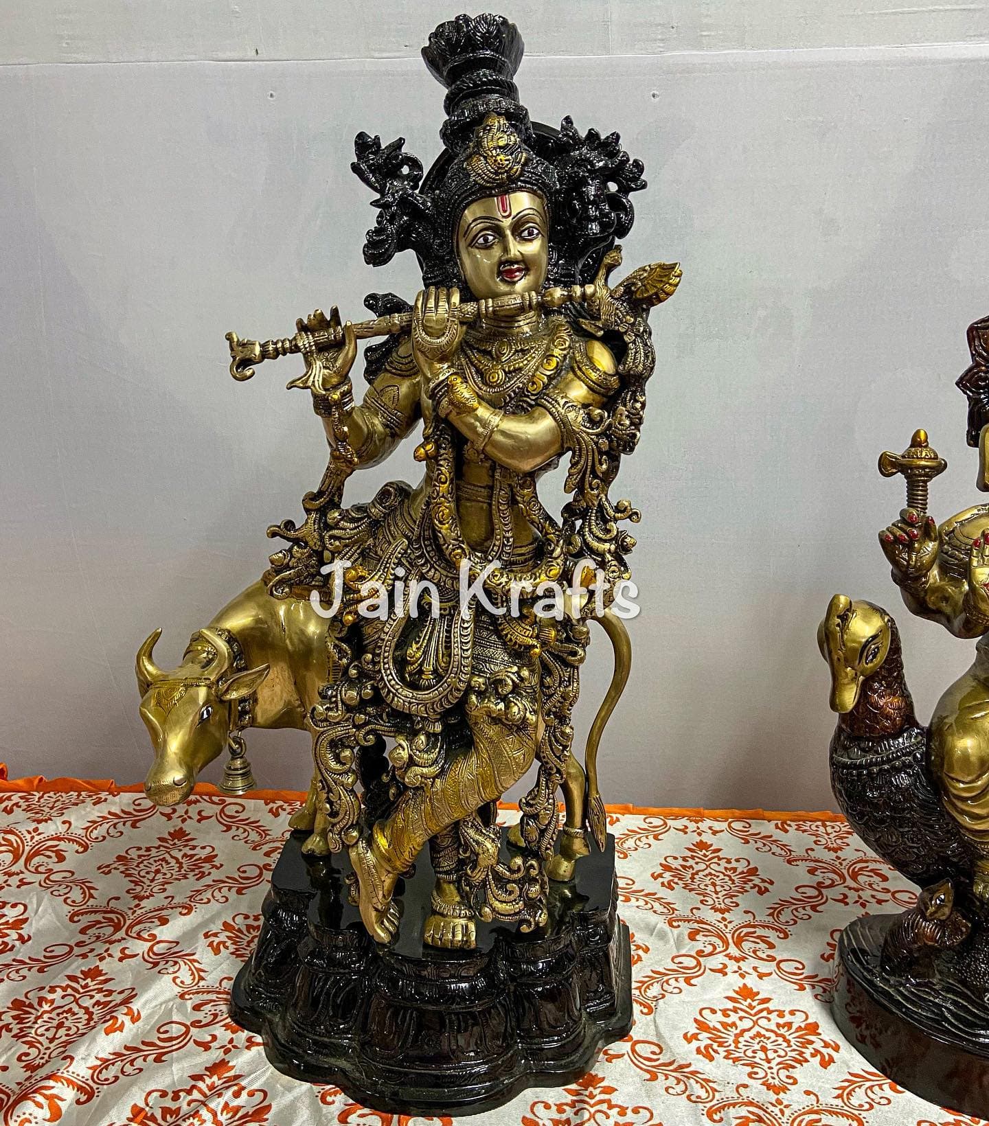 Large Brass Lord Krishna Statue with Cow & Flute