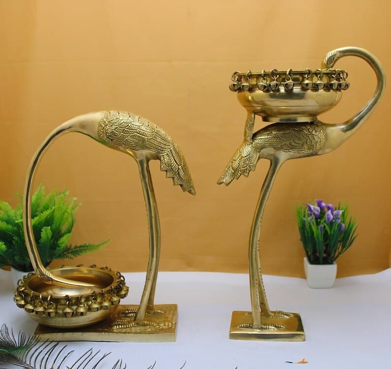 Brass Crane Bird Diya / Urli Stand – Set of 2