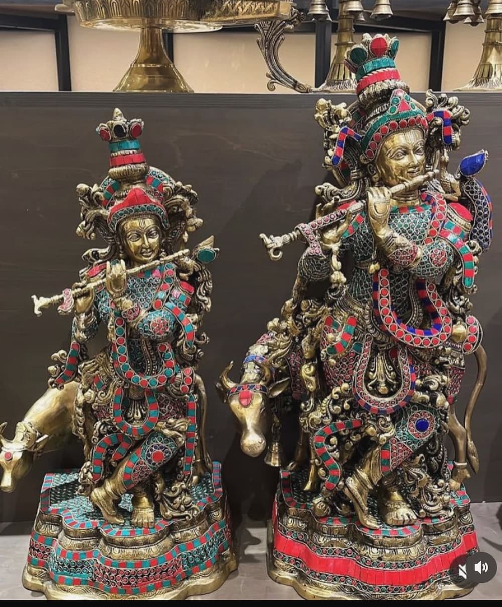 Large Brass Radha Krishna Pair Idol with Stone Mosaic