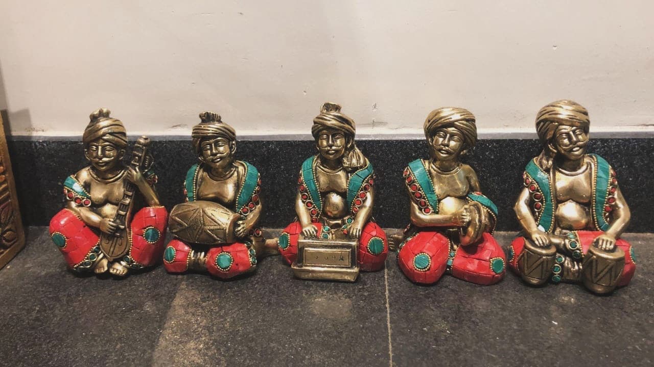 Brass Folk Musician Figurines with Stone Work – Set of 5