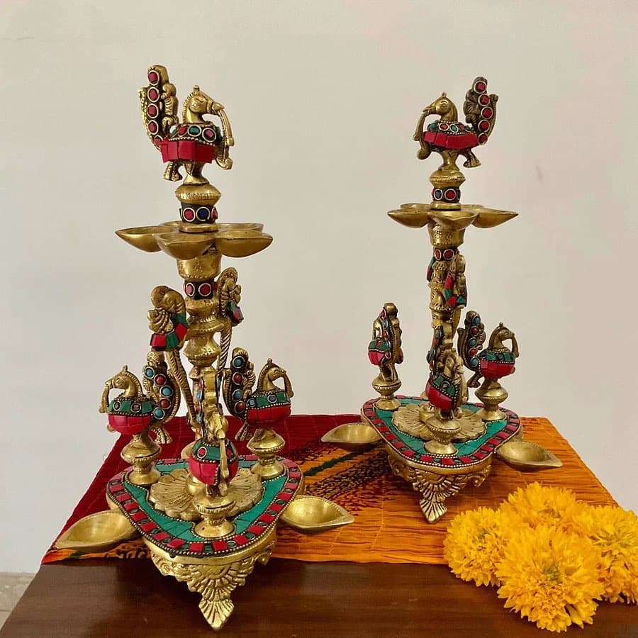 Brass Peacock Pillar Diya with Stone Work – Set of 2