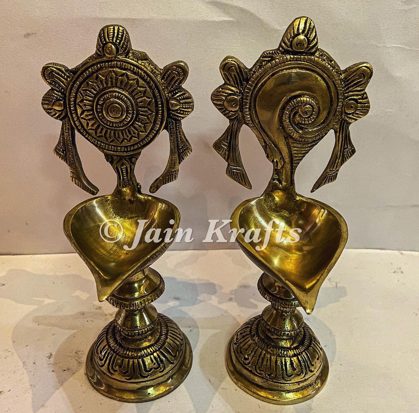 Brass Shankh & Chakra Diya – Large Size Set of 2
