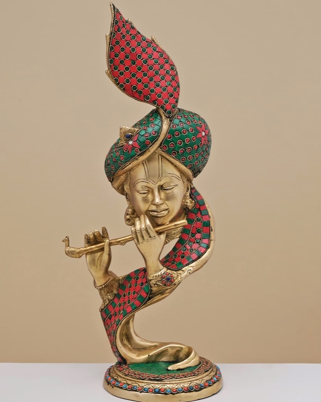 Brass Krishna Face Bust with Stone Work & Flute