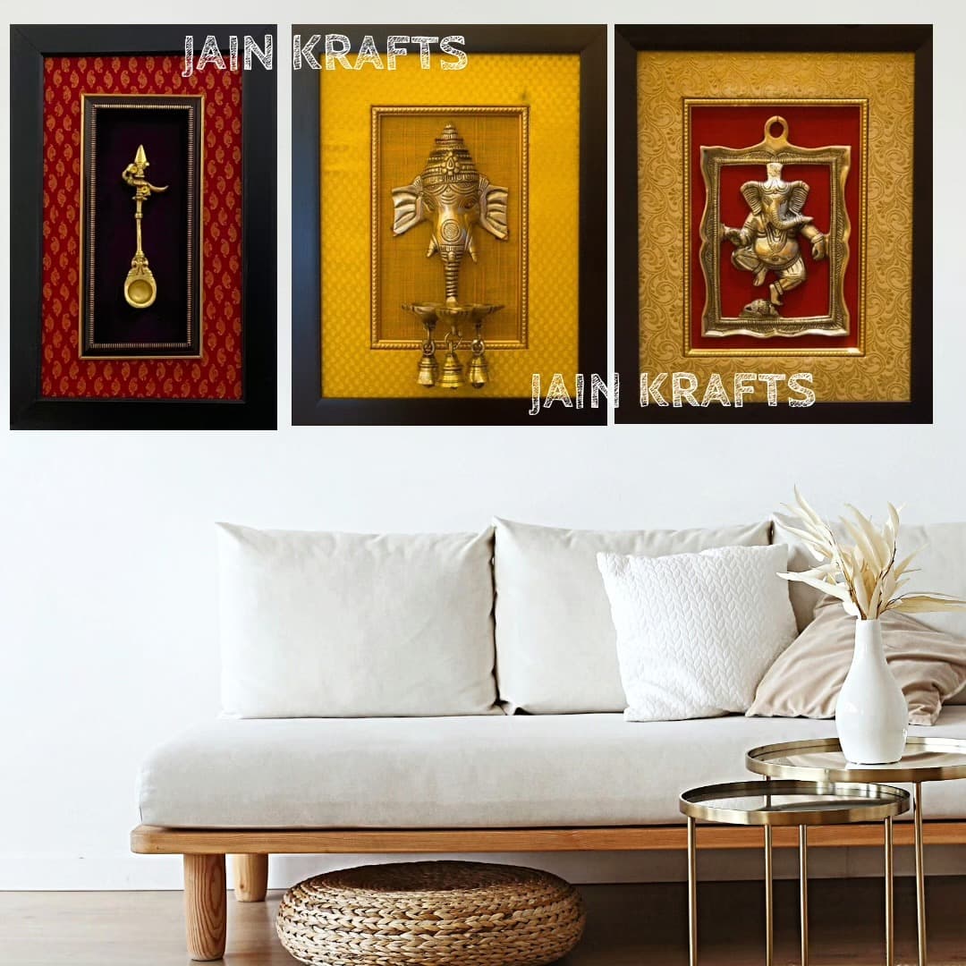 Brass Framed Wall Art – Set of 3 (Diya, Ganesha Face, Dancing Ganesha)