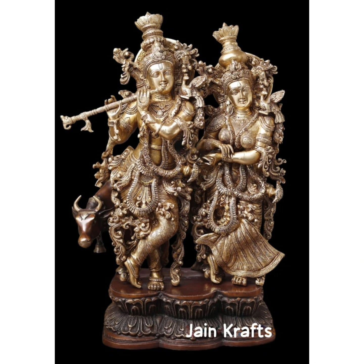 Large Brass Radha Krishna Statue with Cow – Two-Tone Finish