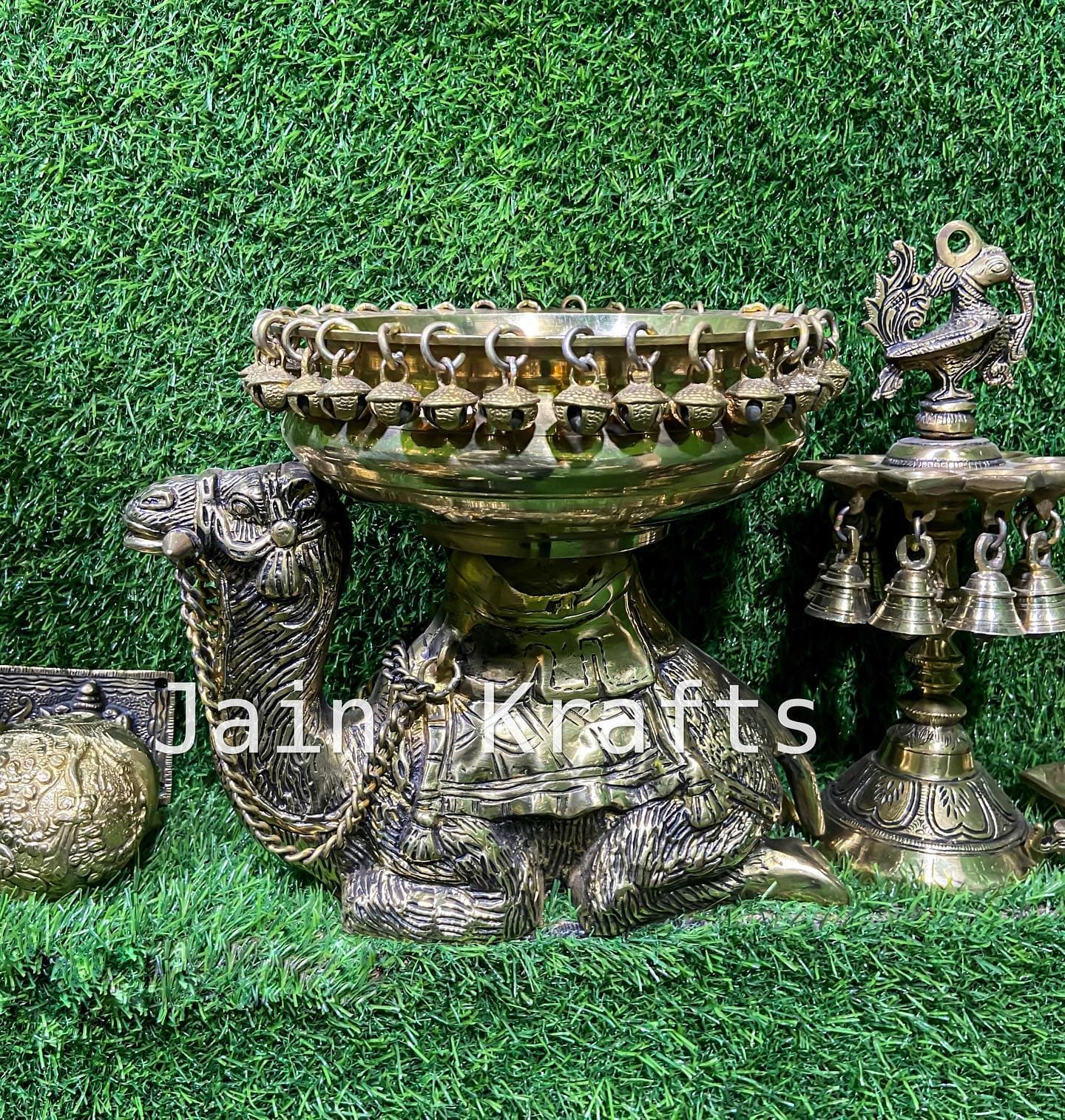 Brass Camel Urli Bowl with Hanging Bells