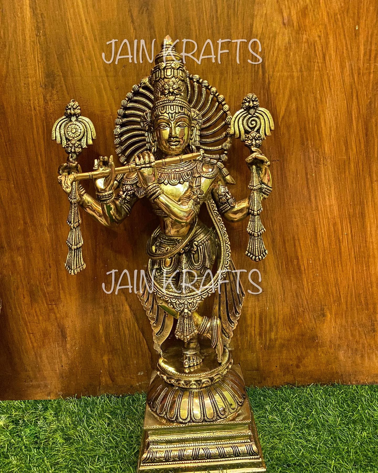 Brass Four-Armed Standing Krishna Idol – Polished Finish