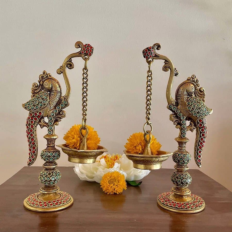 Brass Parrot Diya with Stone Work & Hanging Chain – Set of 2