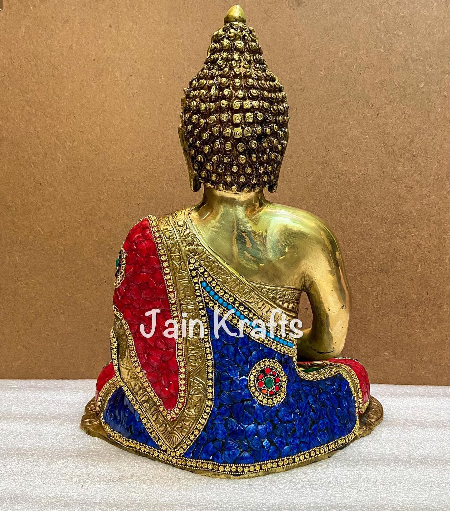 Brass Meditating Buddha Idol with Red & Blue Stone Mosaic