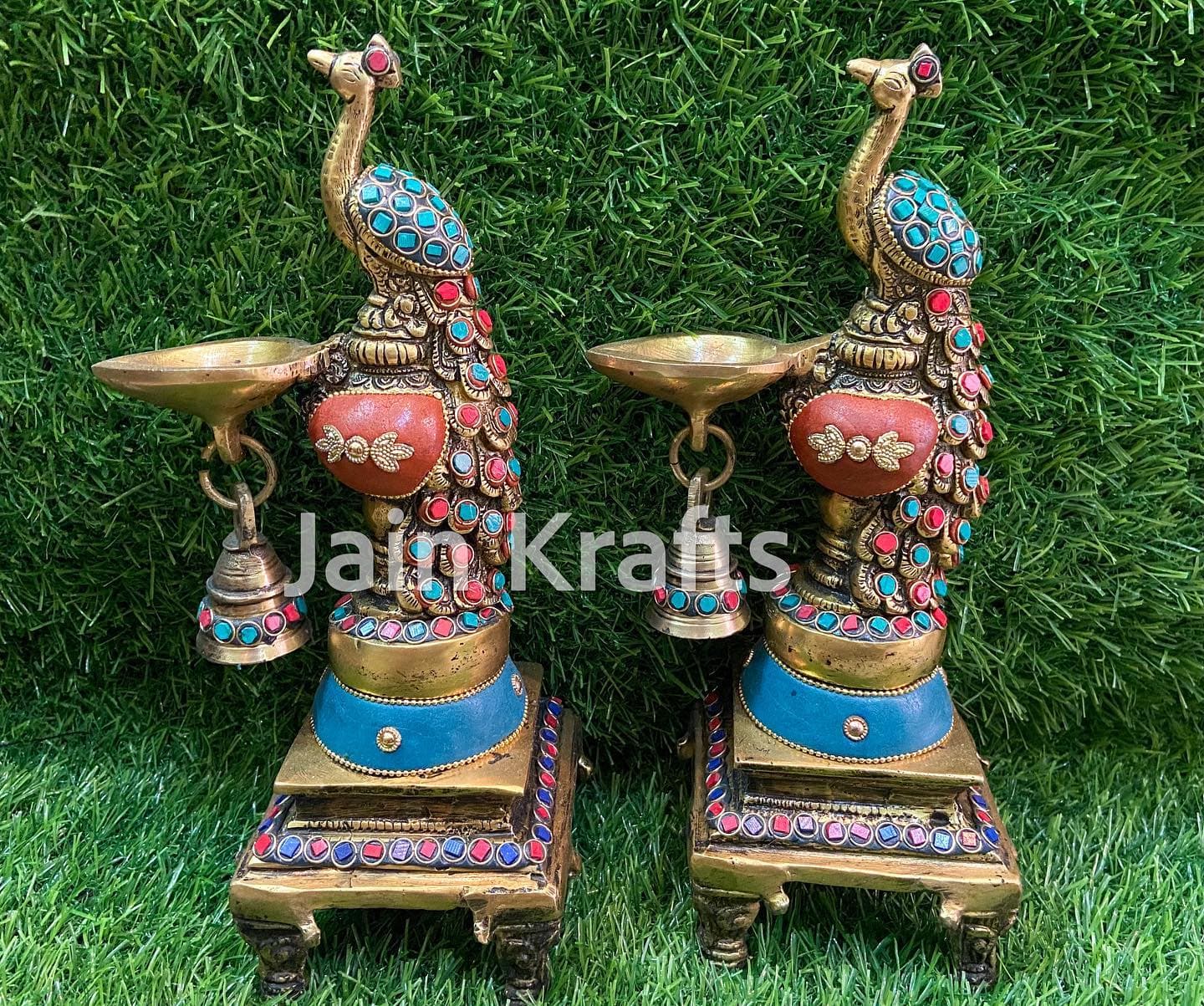 Brass Peacock Diya with Stone Work & Square Base – Set of 2