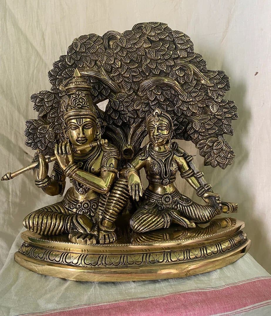 Large Brass Radha Krishna Seated Under Tree Statue