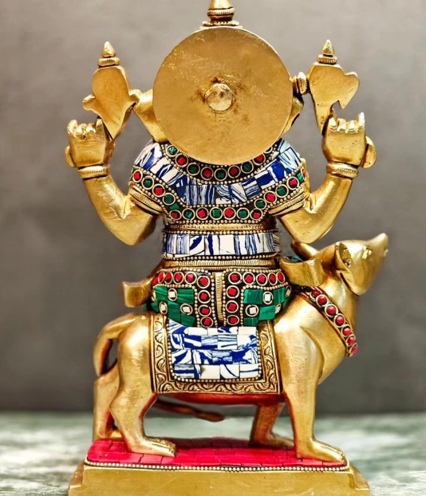 Brass Surya Dev Idol with Stone Mosaic & Cow