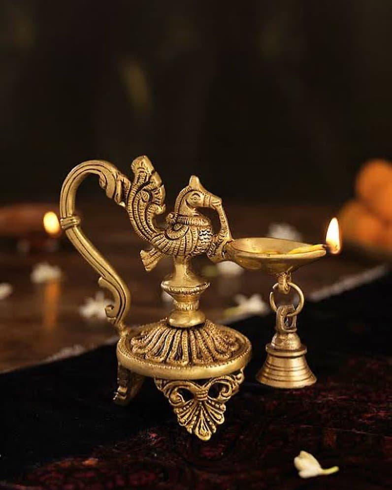 Brass Peacock Diya with Bell – Single Piece